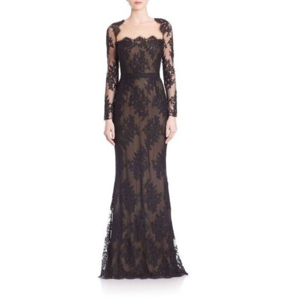 New Marchesa Notte lace illusion neckline square neck long sleeve formal gown